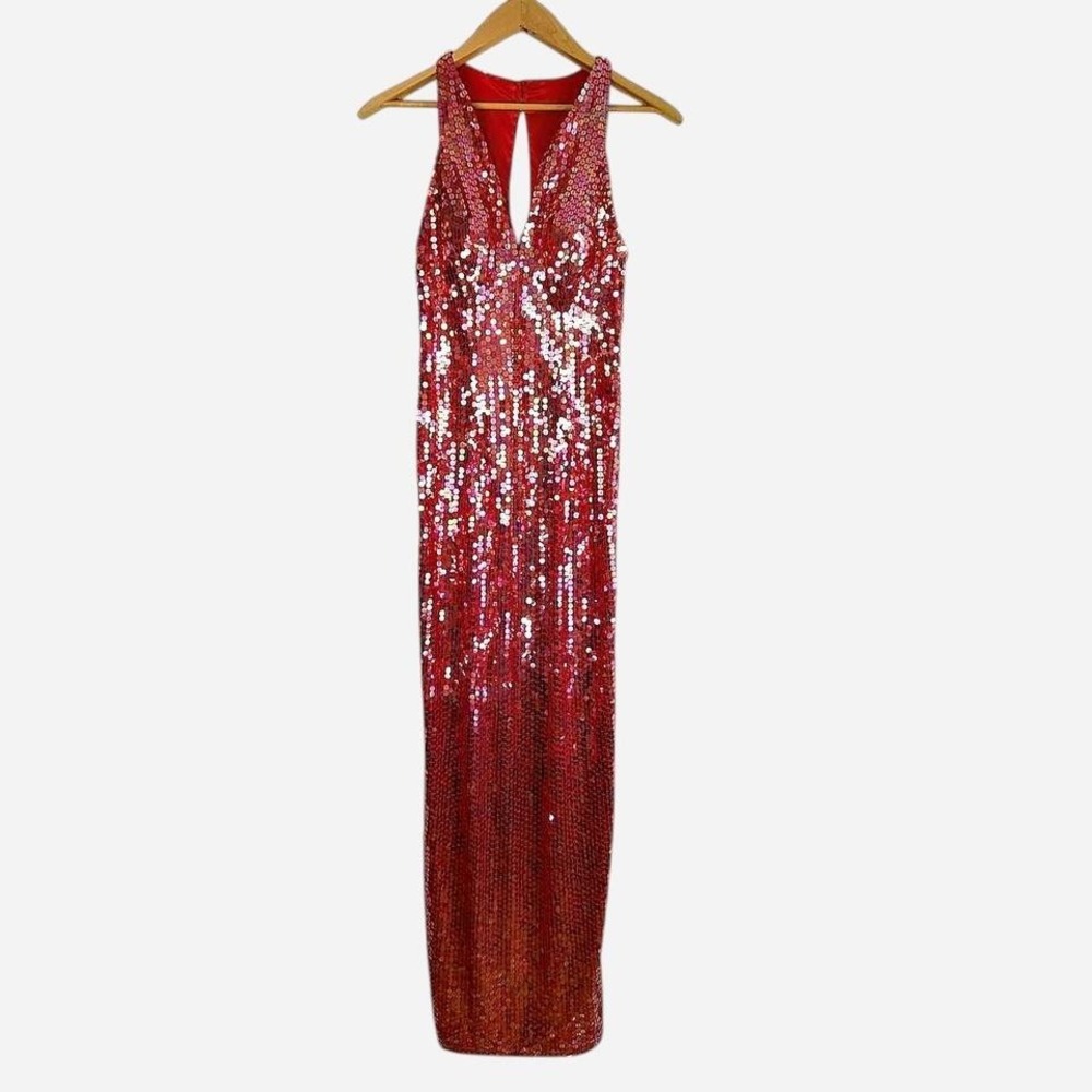 Vintage Adrianna Papell Evening Red Disc Sequin Halter Gown Size 8